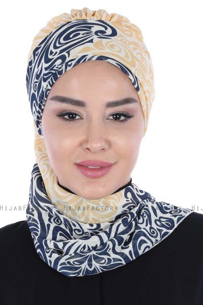 Regina - Turbante Instant Chiffon Azul Marino & Amarillo