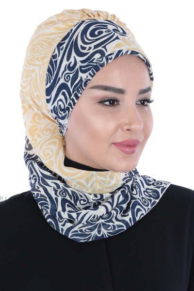Regina - Turbante Instant Chiffon Azul Marino & Amarillo