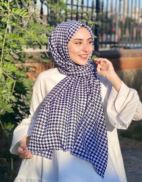 Soheila - Hijab De Algodón Estampado Azul Marino & Blanco