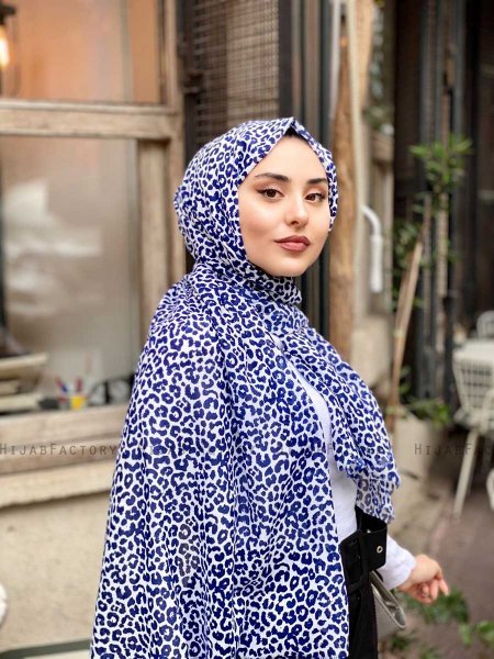 Suha - Hijab De Algodón Estampado De Leopardo Azul Marino & Blanco