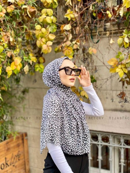 Suha - Hijab De Algodón Estampado De Leopardo Negro & Blanco