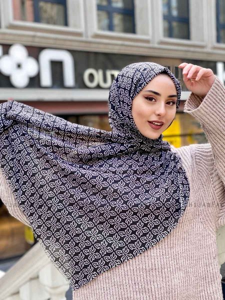 Wahida - Hijab Estampado De Algodón Negro- Mirach