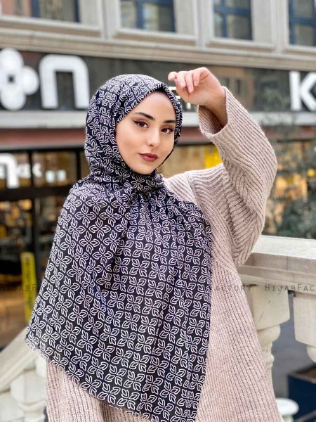 Wahida - Hijab Estampado De Algodón Negro- Mirach